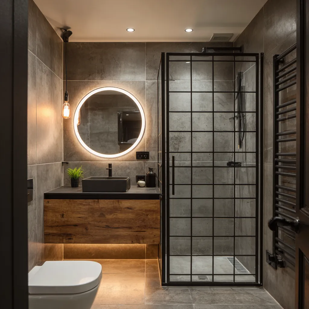 Industrial-style en-suite with dark fixtures