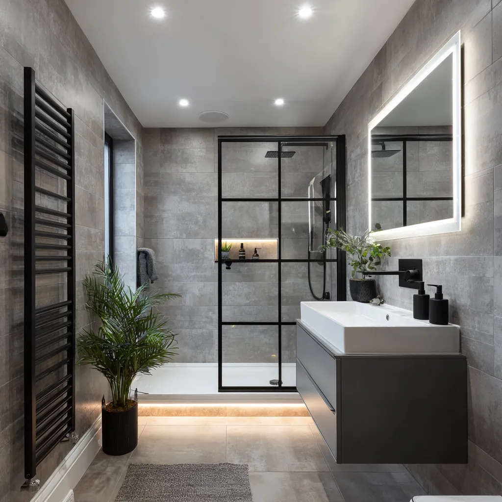 Wet wall bathroom with stone-effect panels