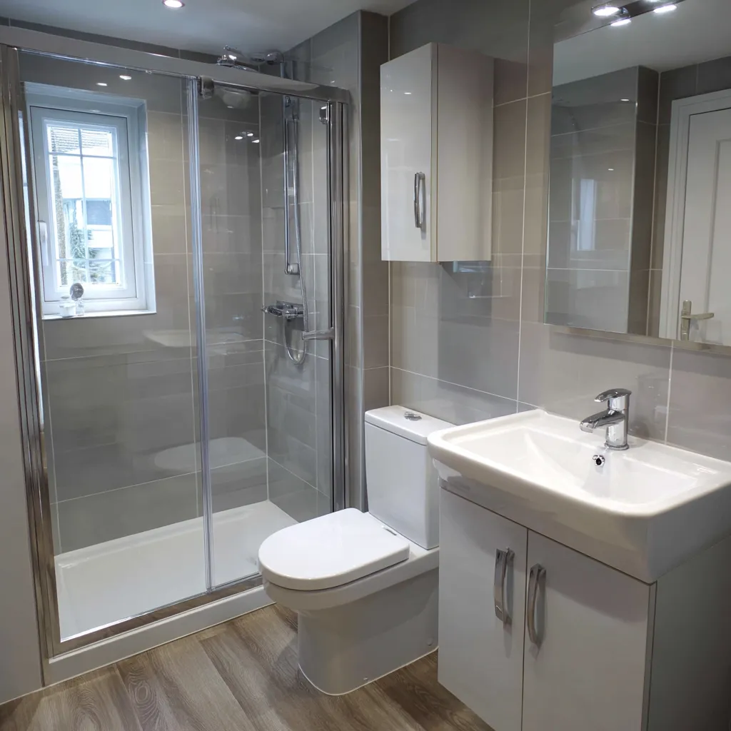 Modern bathroom with grey wall panels